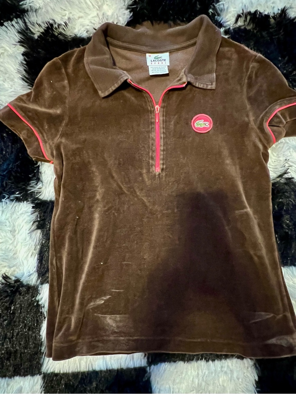 Vintage Lacoste Velvety Brown Velour Polo Top with Pink Trim